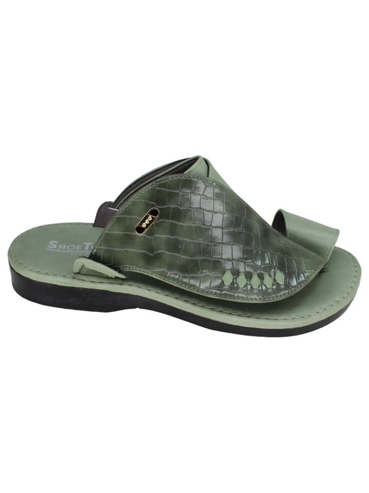 حذاء شرقي طبي جلد طبيعي بنقشة - أخضر كاكي - صورة جانبية